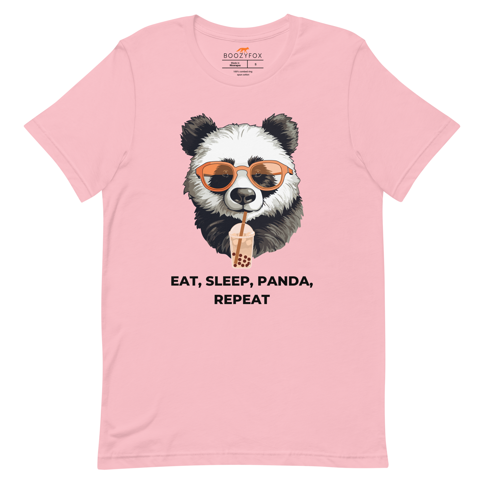 Pink Premium Panda Tee featuring an adorable Eat, Sleep, Panda, Repeat graphic on the chest - Funny Graphic Panda Tees - Boozy Fox