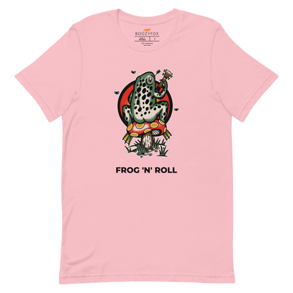 Pink Premium Frog Tee featuring a funny Frog 'n' Roll graphic on the chest - Funny Graphic Frog Tees - Boozy Fox