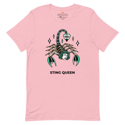 Pink Premium Scorpion Tee featuring The Sting Queen graphic on the chest - Cool Graphic Scorpion Tees - Boozy Fox