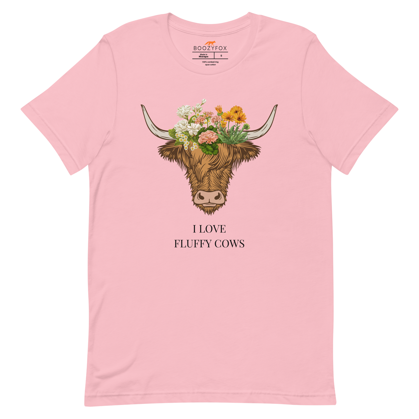 Pink Premium Highland Cow Tee featuring an adorable I Love Fluffy Cows graphic on the chest - Cute Graphic Highland Cow Tees - Boozy Fox