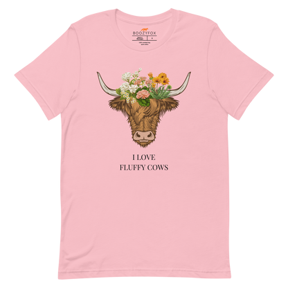 Pink Premium Highland Cow Tee featuring an adorable I Love Fluffy Cows graphic on the chest - Cute Graphic Highland Cow Tees - Boozy Fox