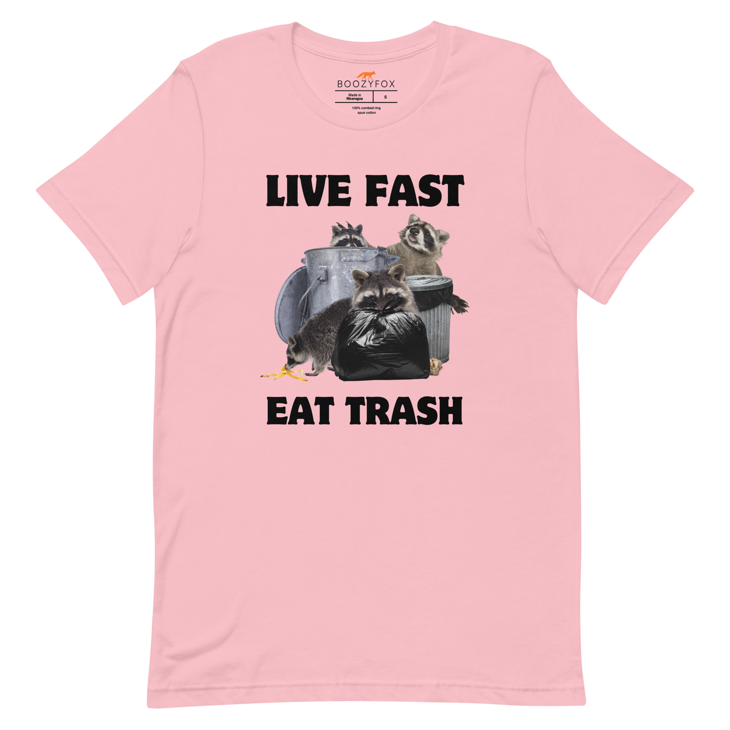 Pink Premium Raccoon Tee featuring a funny 'Live Fast Eat Trash' graphic on the chest - Funny Graphic Raccoon Tees - Boozy Fox