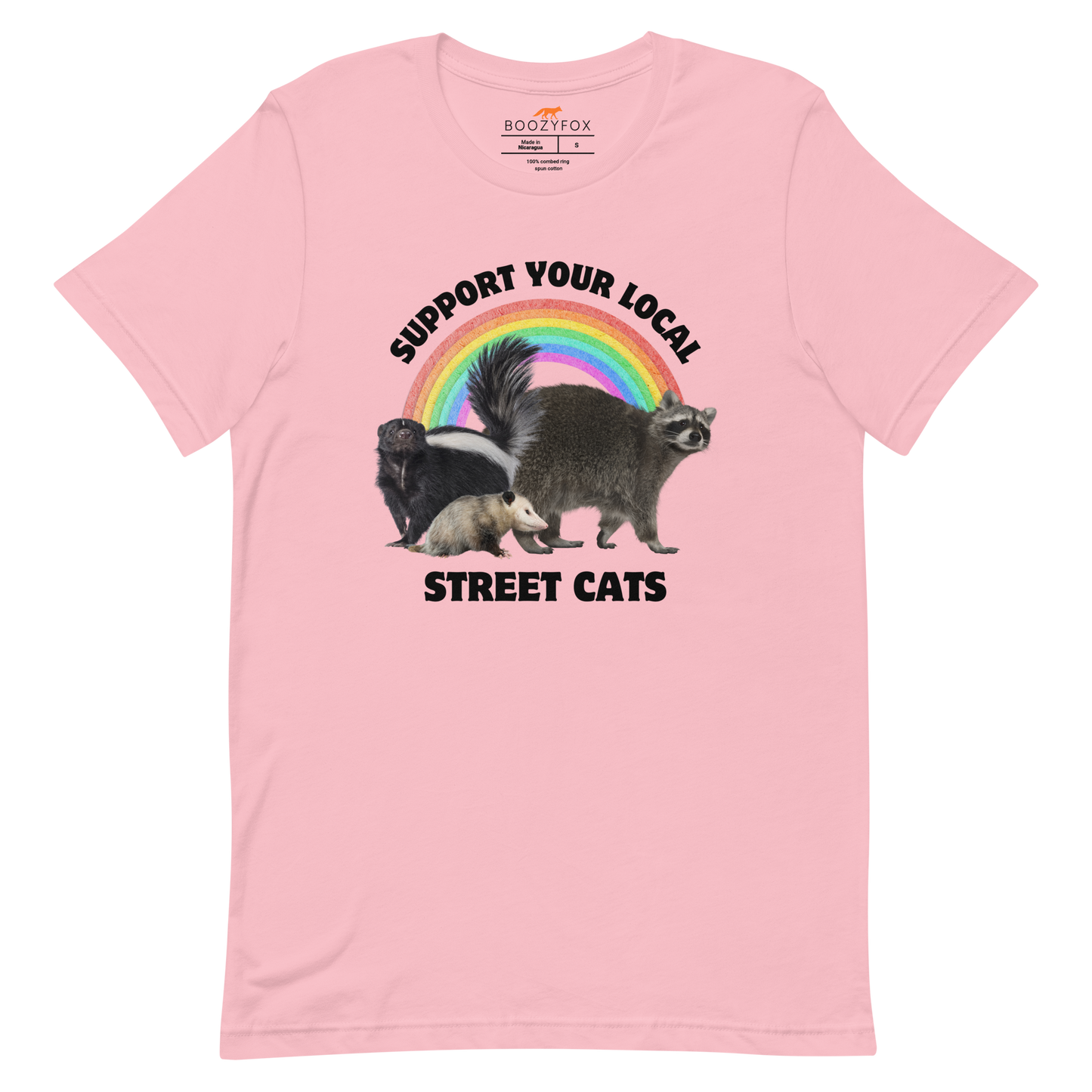 Pink Premium Street Cats Tee featuring a funny 'Support Your Local Street Cats' graphic on the chest - Funny Graphic Animal Tees - Boozy Fox