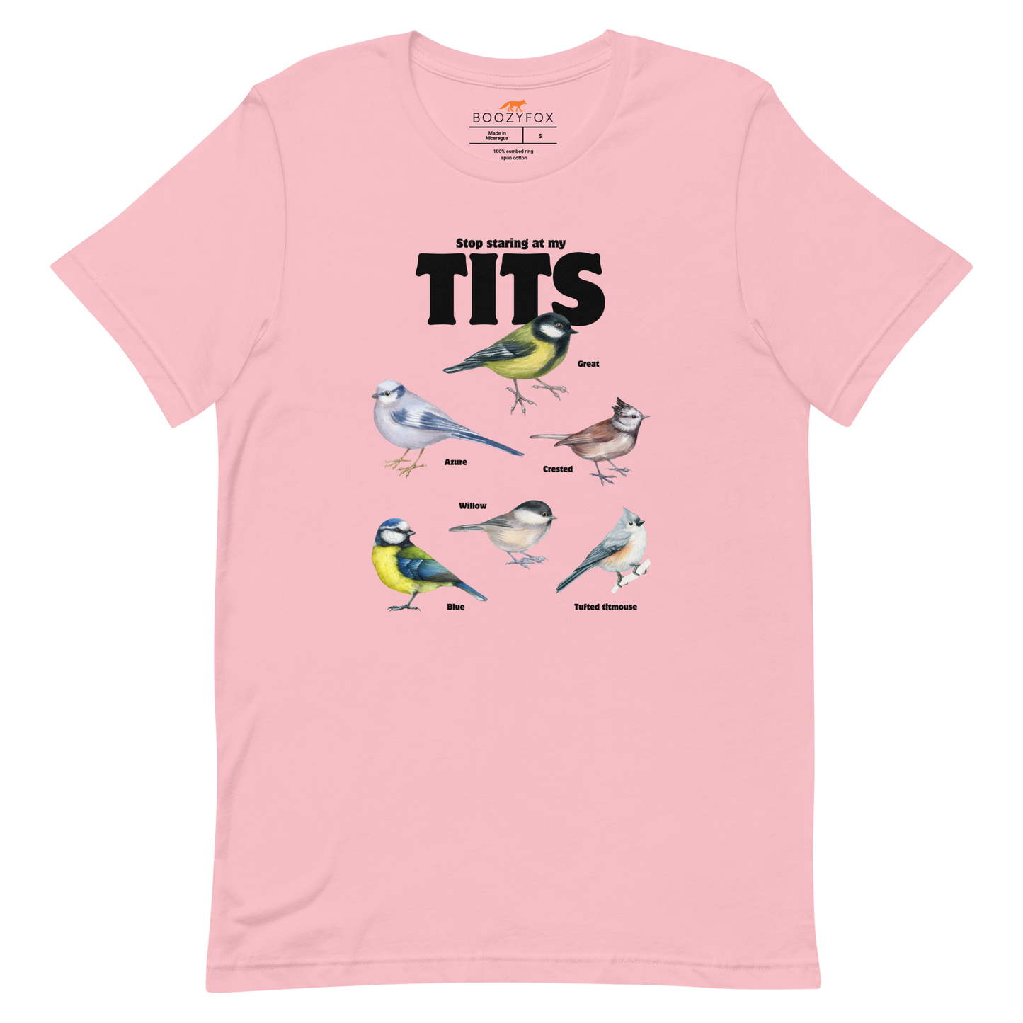 Pink Premium Tit Tee featuring a funny Stop Staring At My Tits graphic on the chest - Funny Graphic Tit Bird Tees - Boozy Fox