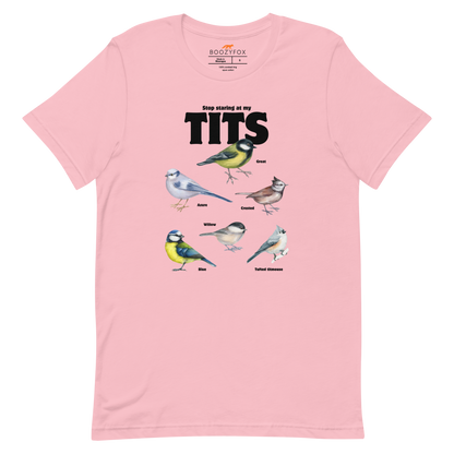 Pink Premium Tit Tee featuring a funny Stop Staring At My Tits graphic on the chest - Funny Graphic Tit Bird Tees - Boozy Fox