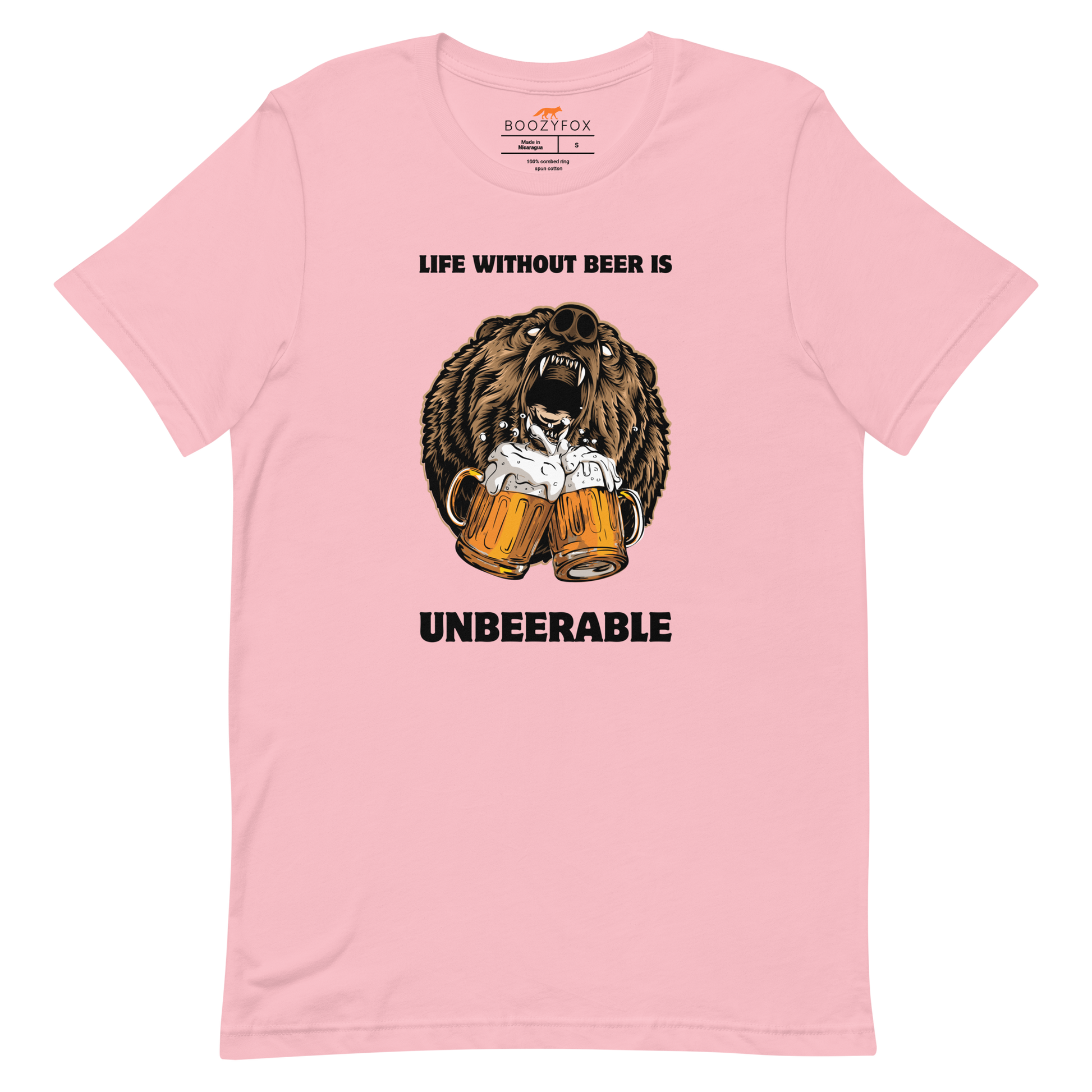 Pink Premium Bear Tee featuring a Life Without Beer Is Unbeerable graphic design on the chest - Funny Graphic Bear Tees - Boozy Fox