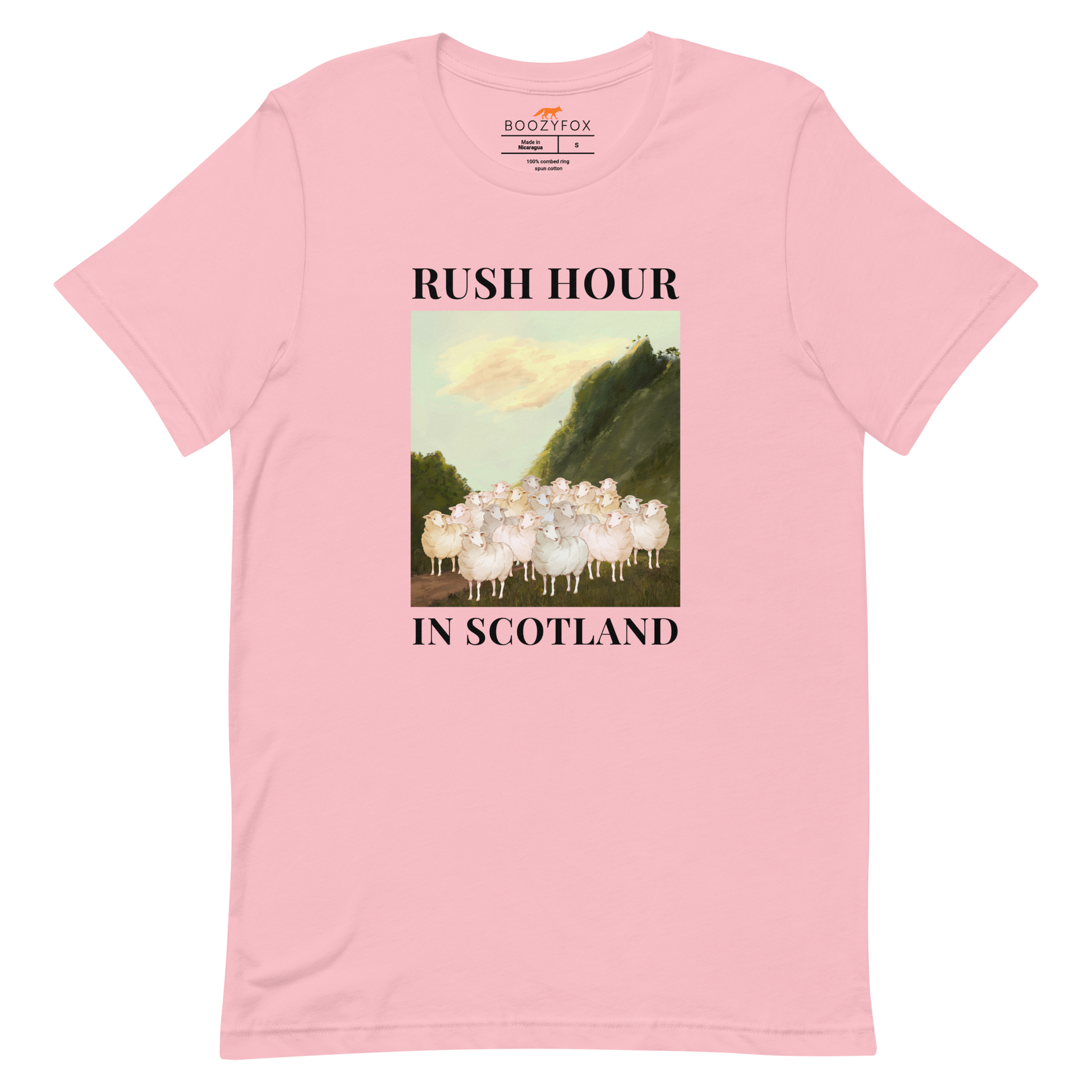 Pink Premium Sheep T-Shirt featuring a comical Rush Hour In Scotland graphic on the chest - Artsy/Funny Graphic Sheep Tees - Boozy Fox