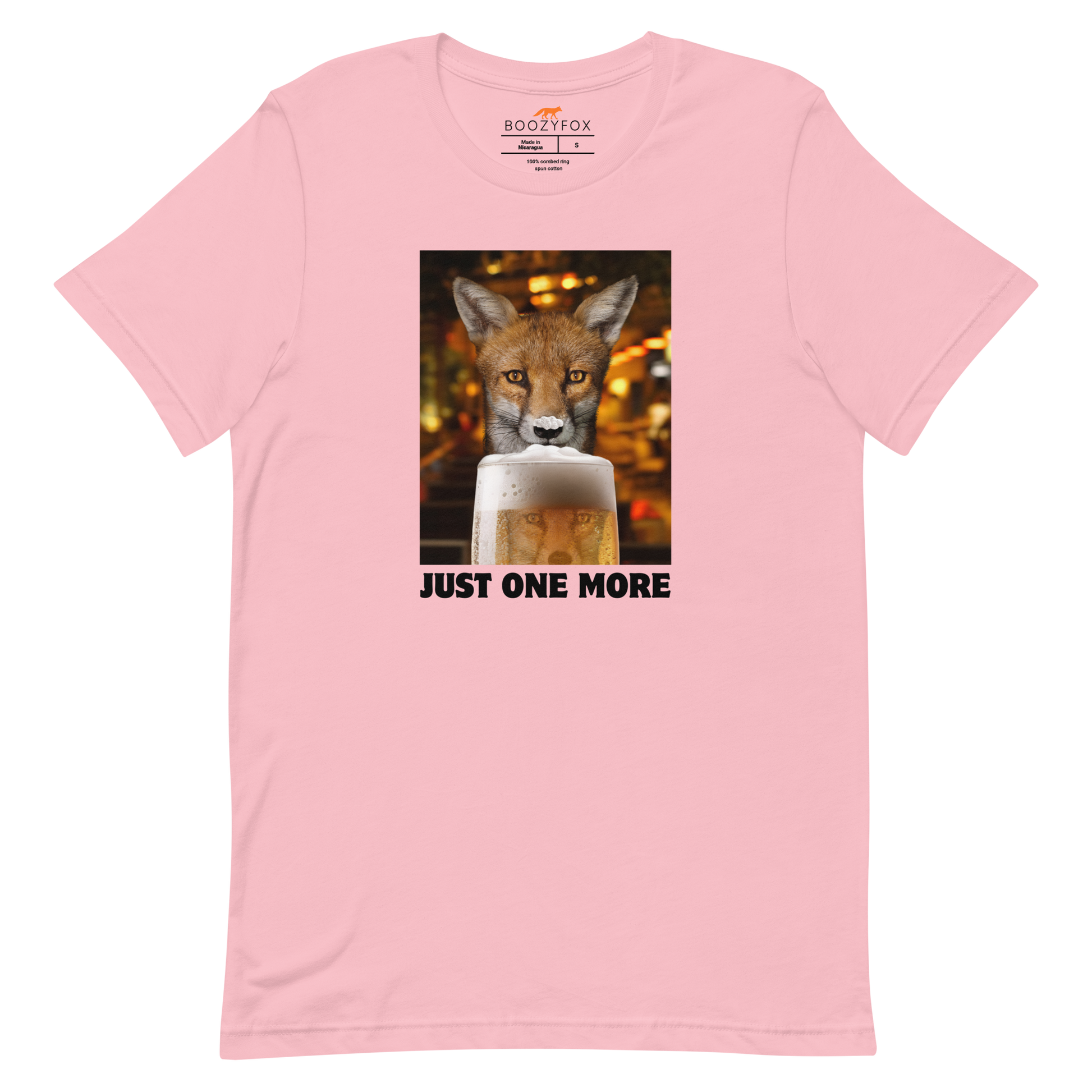 Funny Just One More Fox beer lightweight graphic t-shirt in pink by Boozy Fox