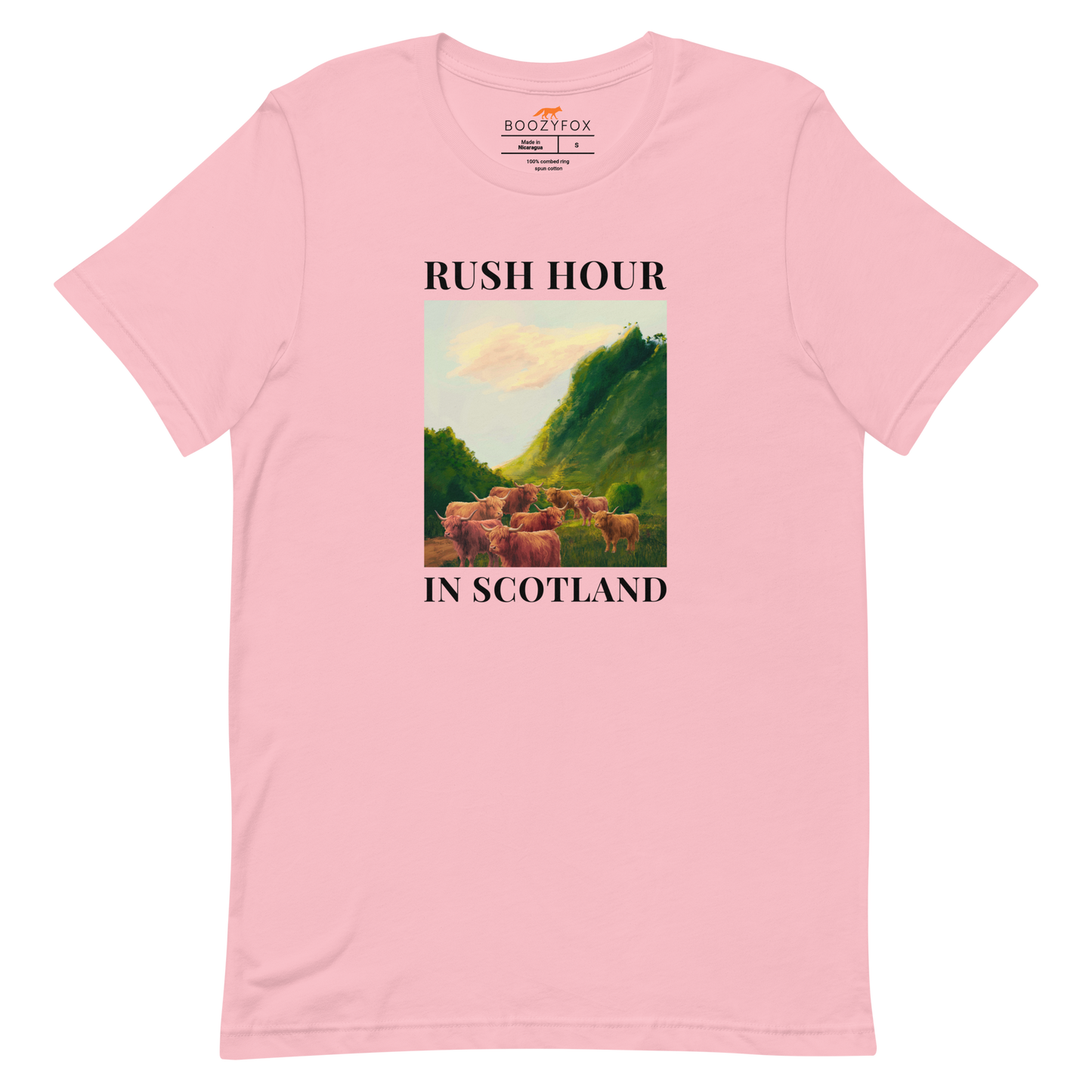 Funny Highland Cow Rush Hour in Scotland lightweight graphic tee in pink by Boozy Fox