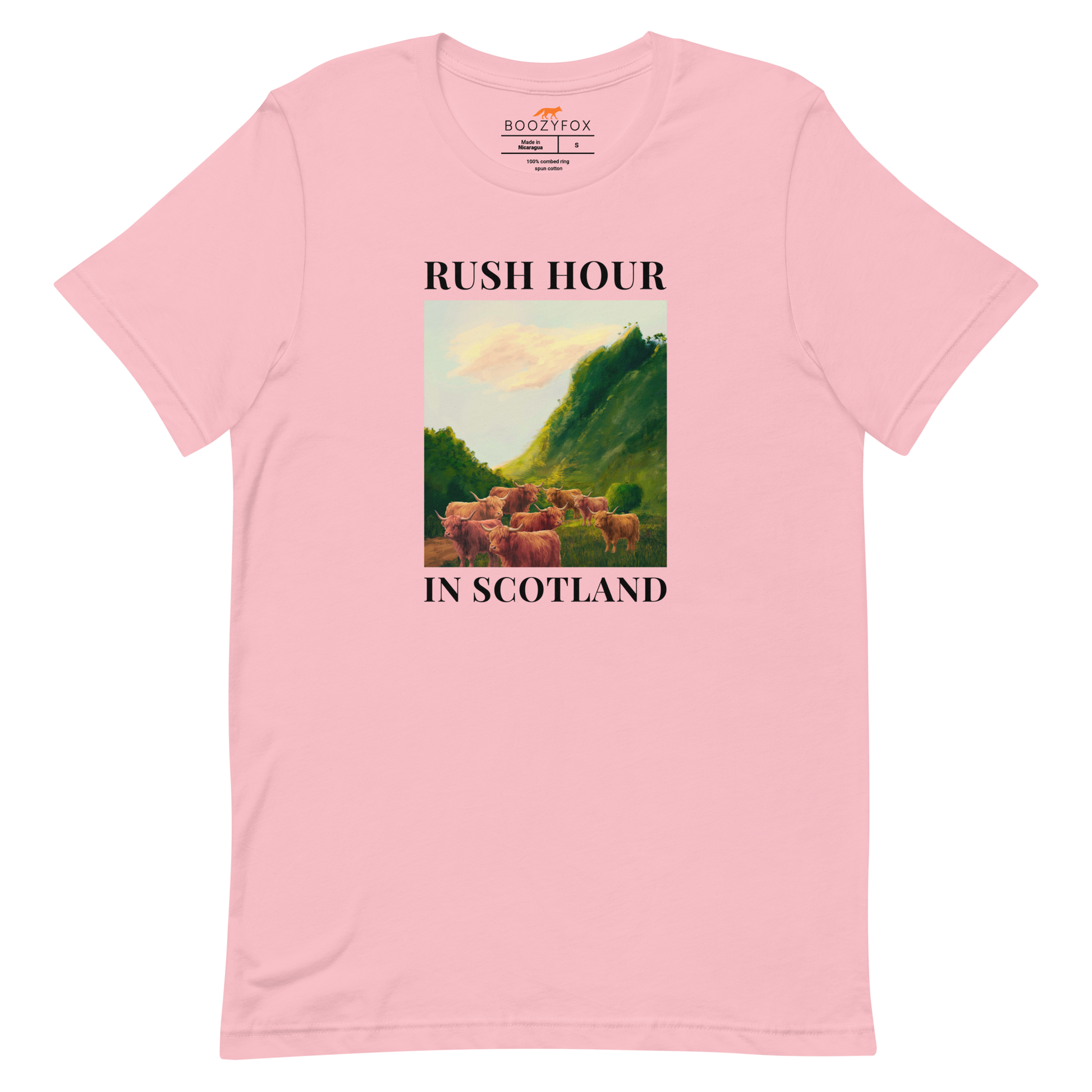 Funny Highland Cow Rush Hour in Scotland lightweight graphic tee in pink by Boozy Fox