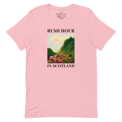 Funny Highland Cow Rush Hour in Scotland lightweight graphic tee in pink by Boozy Fox
