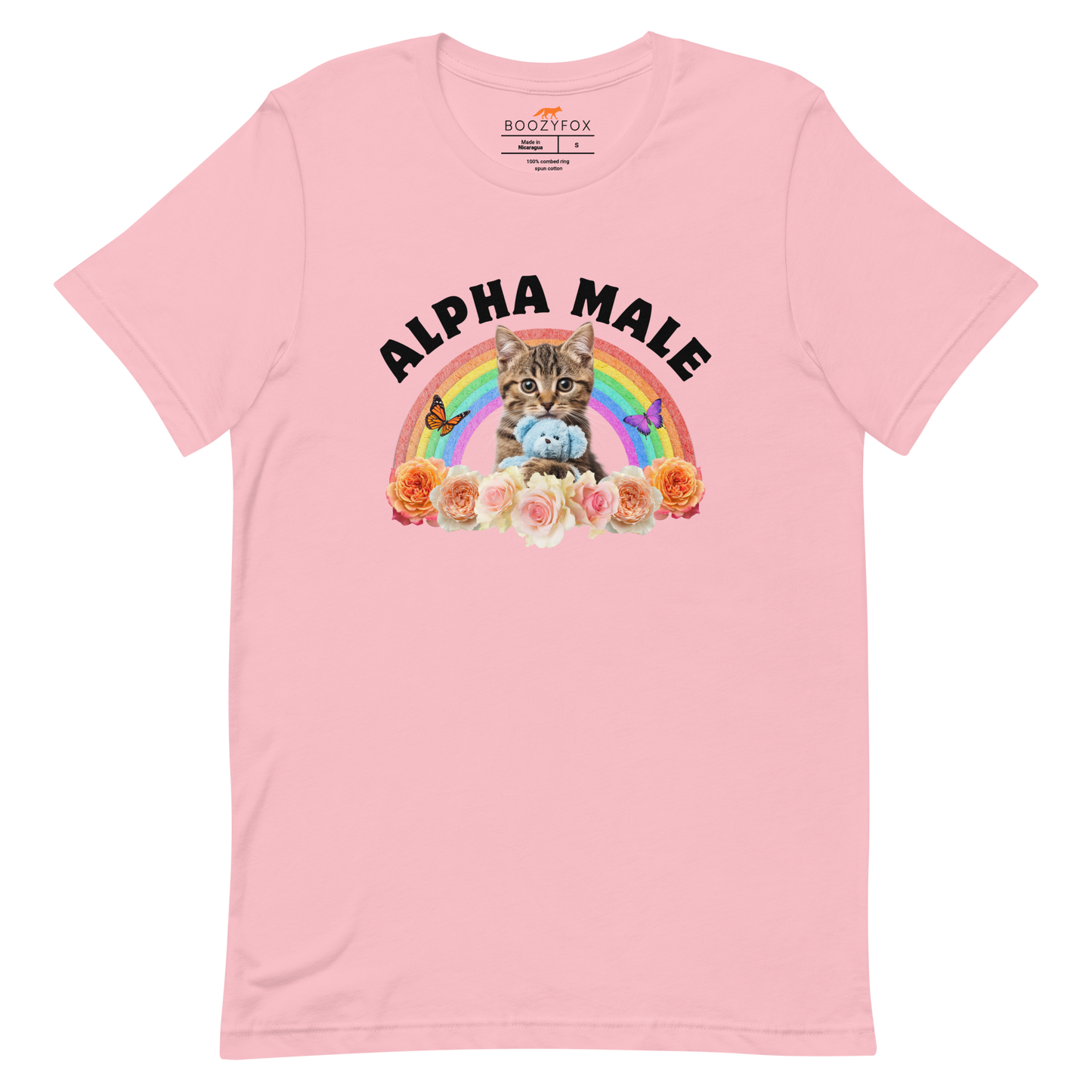 Funny Alpha Male Cat rainbow roses lightweight graphic t-shirt in pink by Boozy Fox