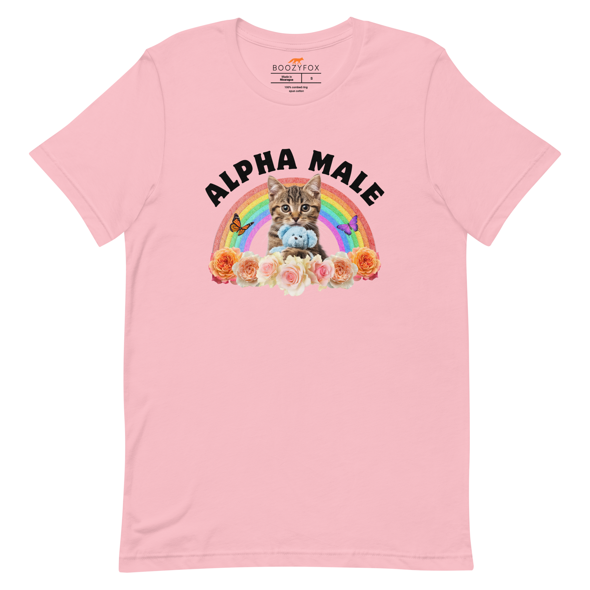Funny Alpha Male Cat rainbow roses lightweight graphic t-shirt in pink by Boozy Fox