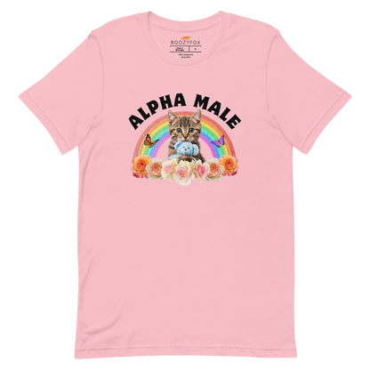 Funny Alpha Male Cat rainbow roses lightweight graphic t-shirt in pink by Boozy Fox