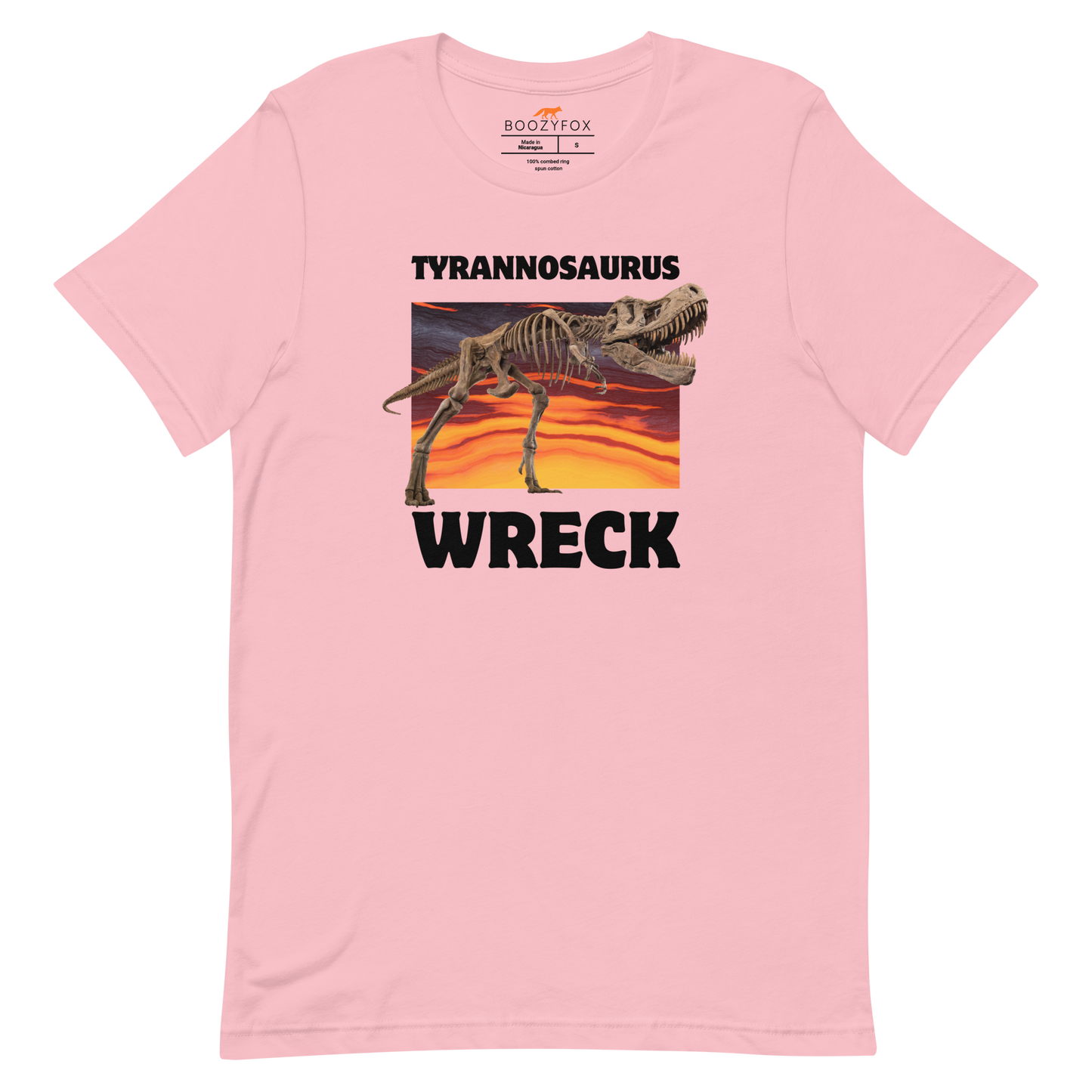 Funny Tyrannosaurus Wreck T-Rex Dinosaur lightweight graphic t-shirt in pink by Boozy Fox