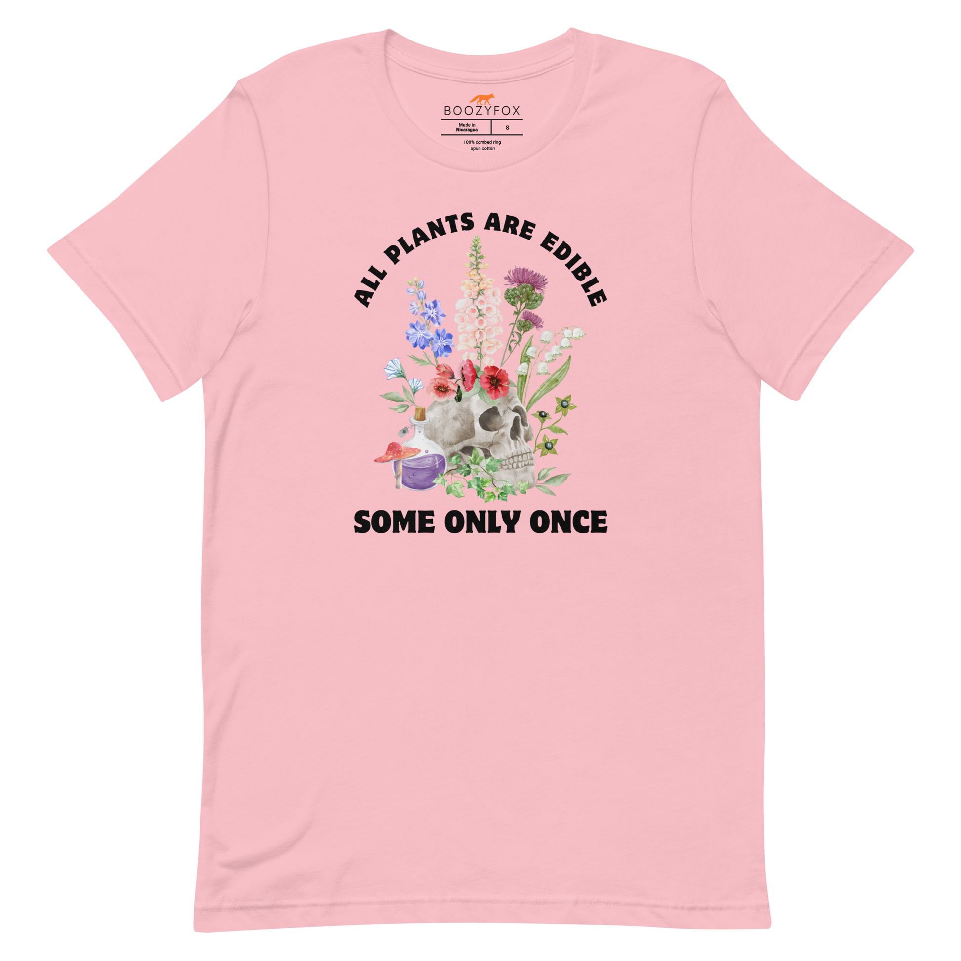 Funny All Plants Are Edible Some Only Once Plant lightweight graphic t-shirt in pink by Boozy Fox