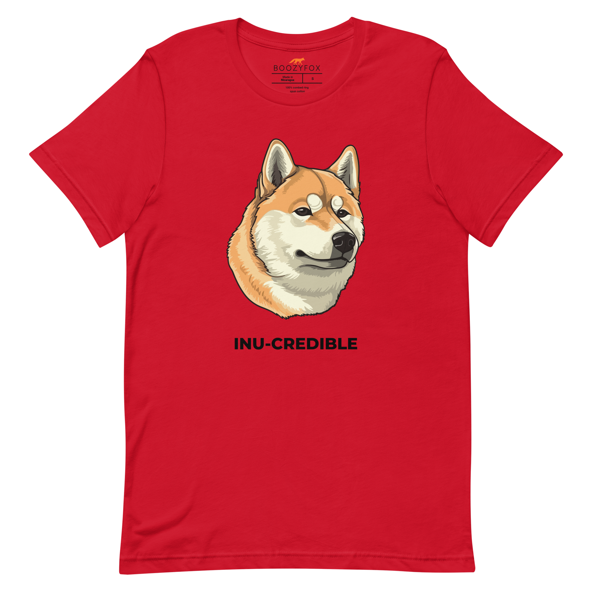 Red Premium Shiba Inu T-Shirt featuring the Inu-Credible graphic on the chest - Funny Graphic Shiba Inu Tees - Boozy Fox