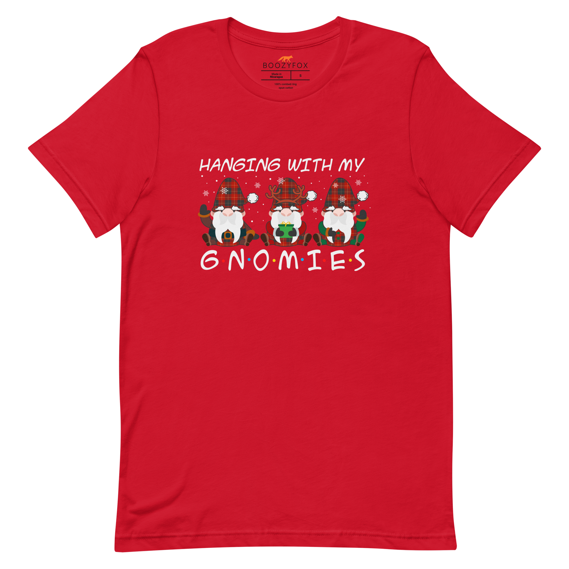 Red Premium Christmas Gnome Tee featuring a delight Hanging With My Gnomies graphic on the chest - Funny Christmas Graphic Gnome Tees - Boozy Fox