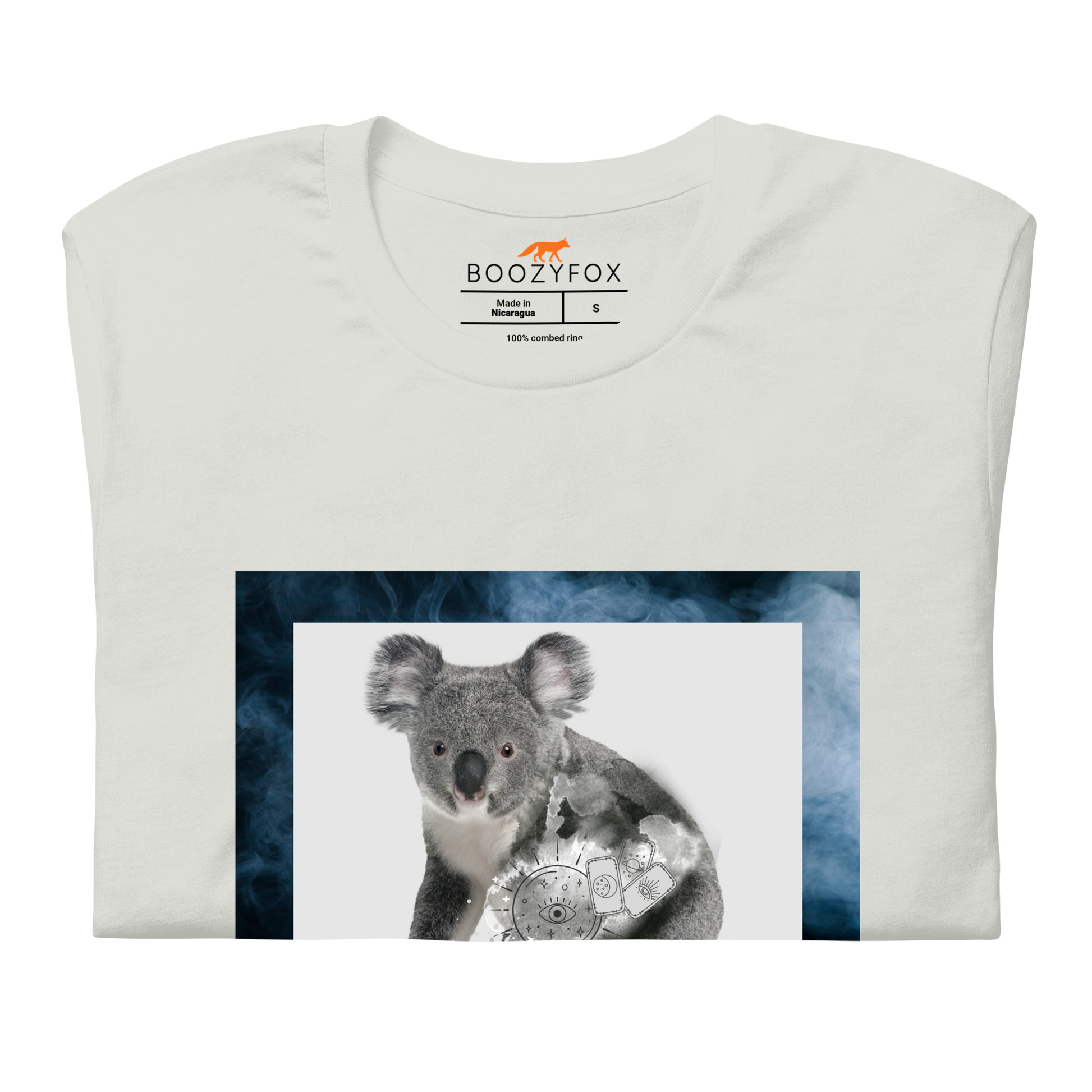 Front details of a Silver Premium Koala Tee featuring a Mystical Koala graphic on the chest - Cool Graphic Koala Tees - Boozy Fox