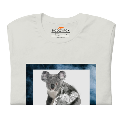 Front details of a Silver Premium Koala Tee featuring a Mystical Koala graphic on the chest - Cool Graphic Koala Tees - Boozy Fox