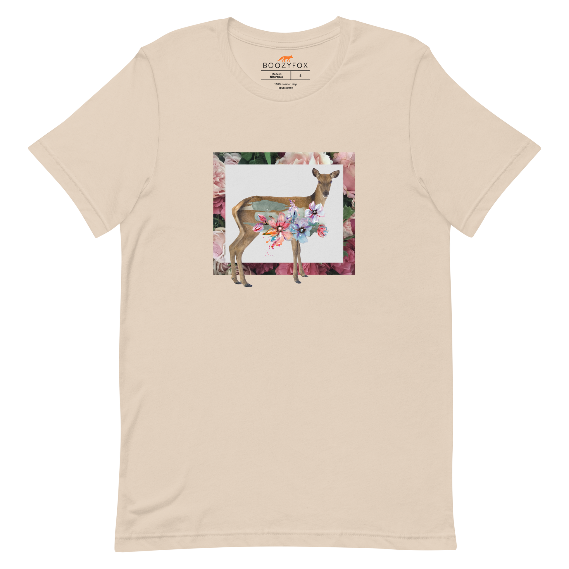 Soft Cream Premium Deer T-Shirt featuring a stunning Floral Deer graphic on the chest - Cute Graphic Deer Tees - Boozy Fox