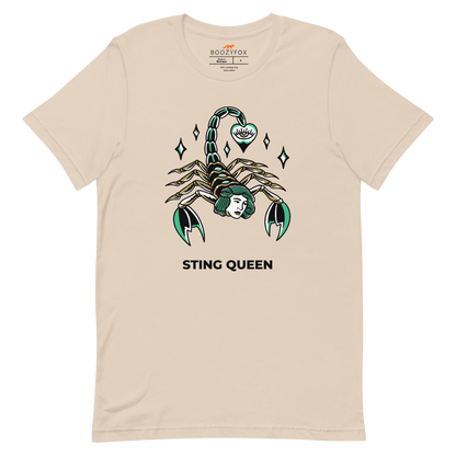Soft Cream Premium Scorpion Tee featuring The Sting Queen graphic on the chest - Cool Graphic Scorpion Tees - Boozy Fox