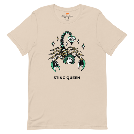 Soft Cream Premium Scorpion Tee featuring The Sting Queen graphic on the chest - Cool Graphic Scorpion Tees - Boozy Fox