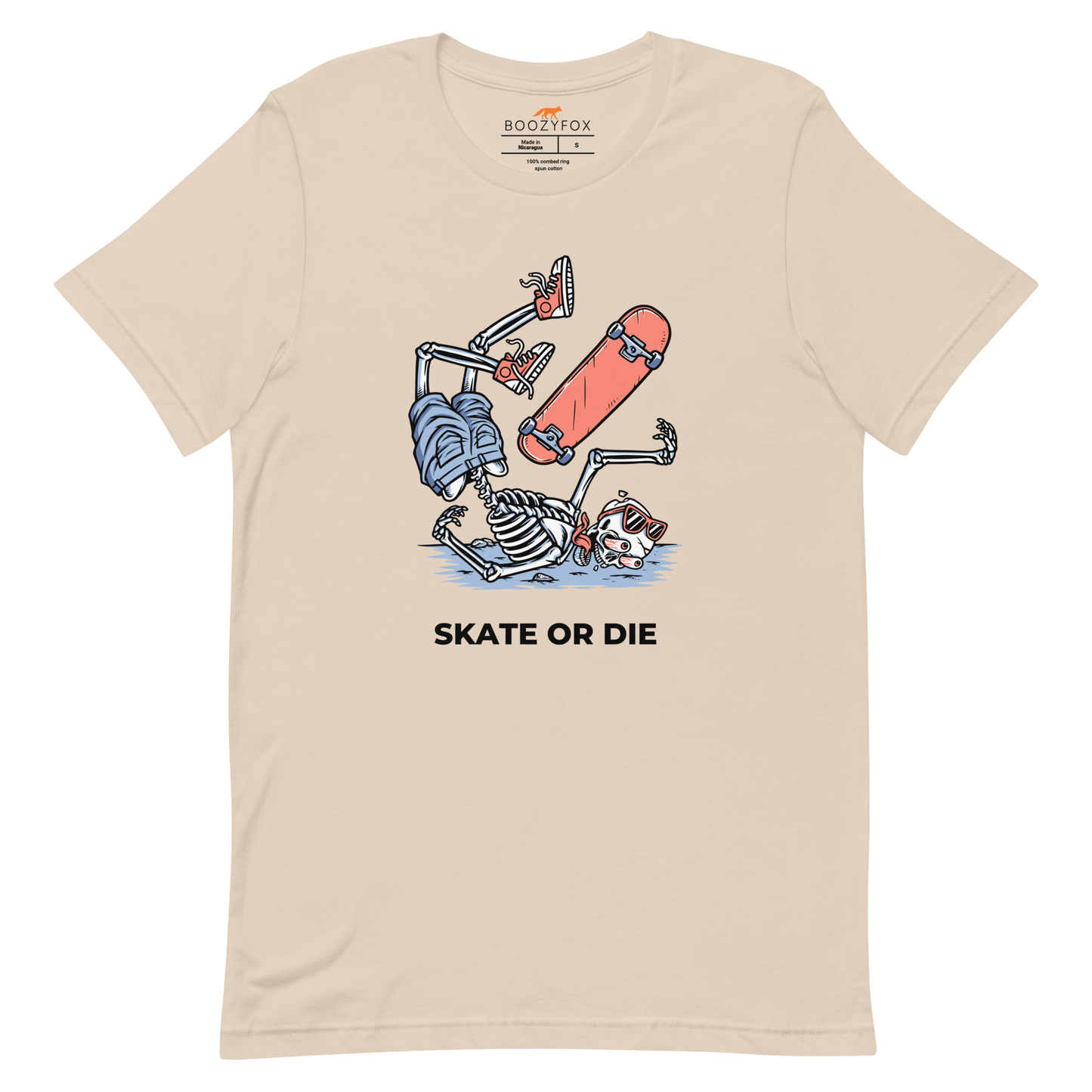 Soft Cream Premium Skate or Die Tee featuring a daring Skeleton Falling While Skateboarding graphic on the chest - Funny Graphic Skeleton Tees - Boozy Fox