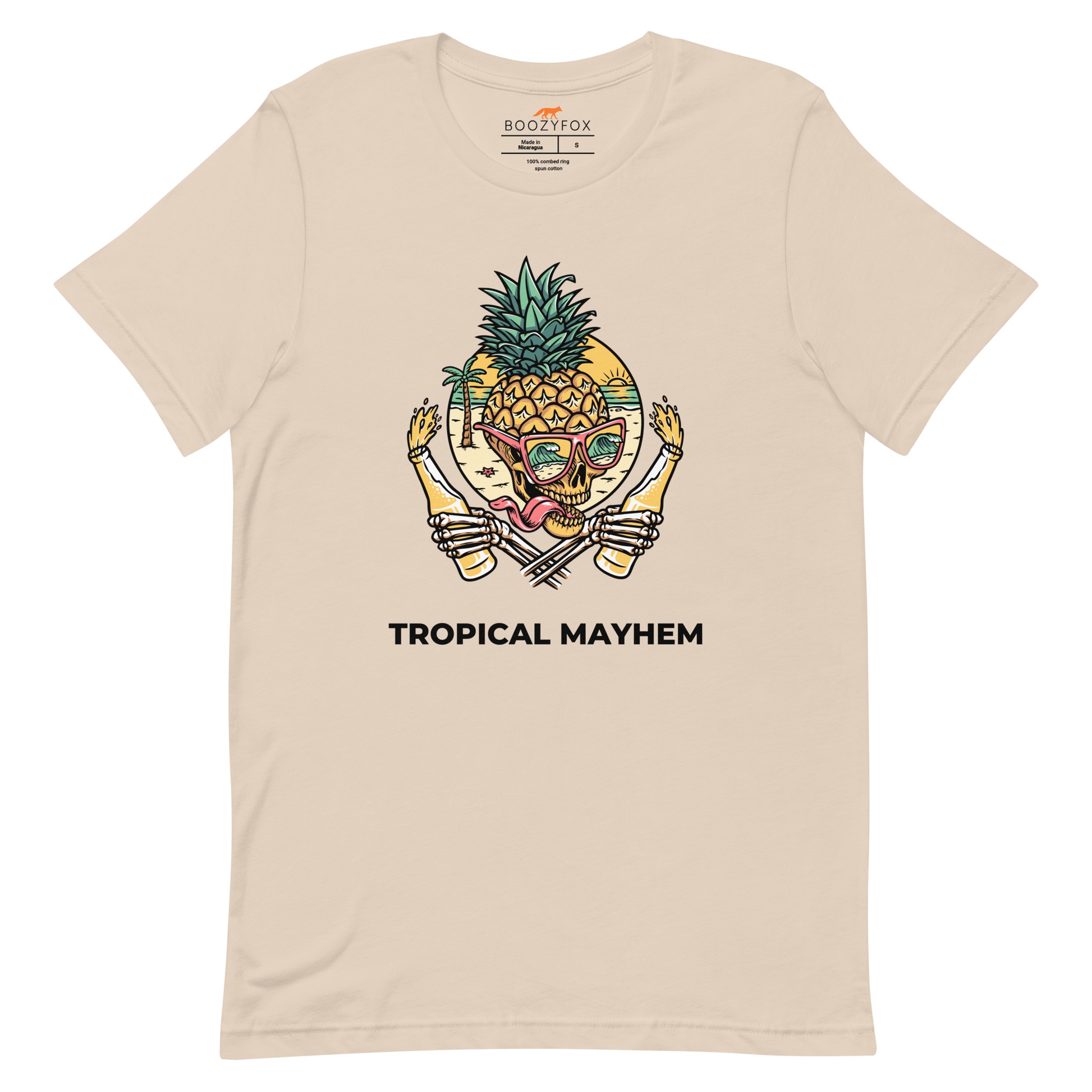 Soft Cream Premium Tropical Mayhem Tee featuring a Crazy Pineapple Skull graphic on the chest - Funny Graphic Pineapple Tees - Boozy Fox
