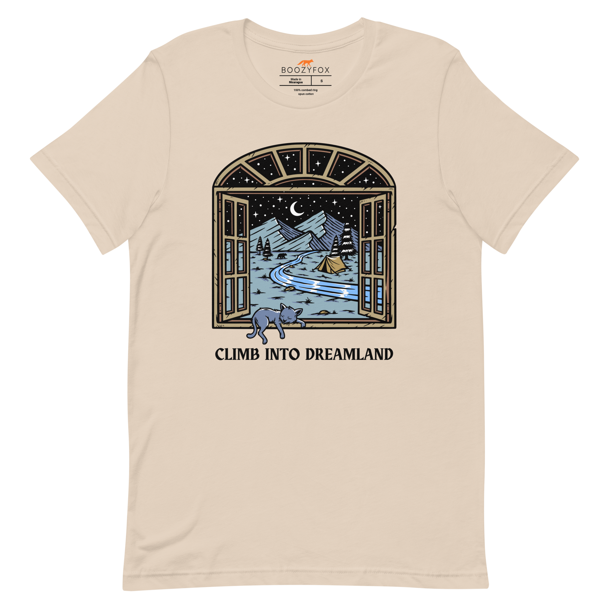 Soft Cream Premium Climb Into Dreamland Tee featuring a mesmerizing mountain view graphic on the chest - Cool Graphic Nature Tees - Boozy Fox
