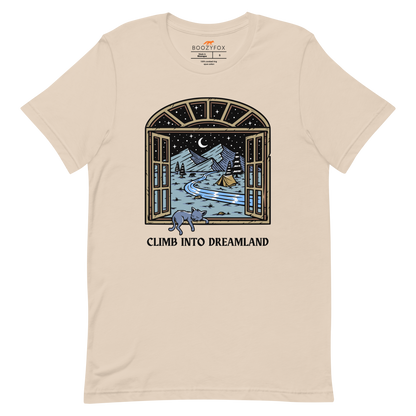 Soft Cream Premium Climb Into Dreamland Tee featuring a mesmerizing mountain view graphic on the chest - Cool Graphic Nature Tees - Boozy Fox