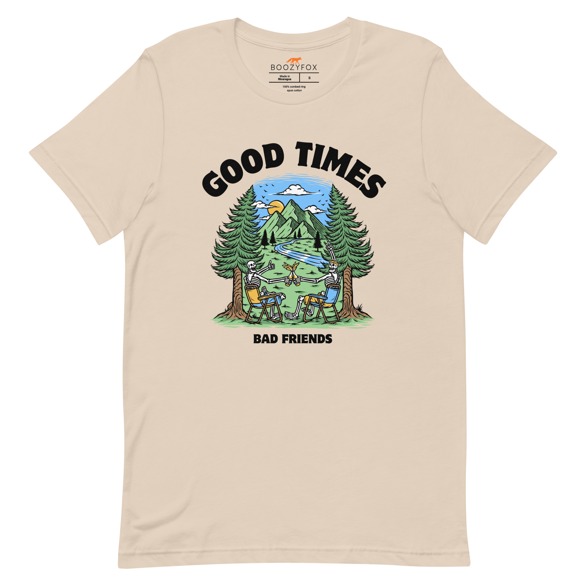 Soft Cream Premium Good Times Bad Friends Tee featuring a lively graphic of friends enjoying a beer in nature - Funny Graphic Nature Tees - Boozy Fox