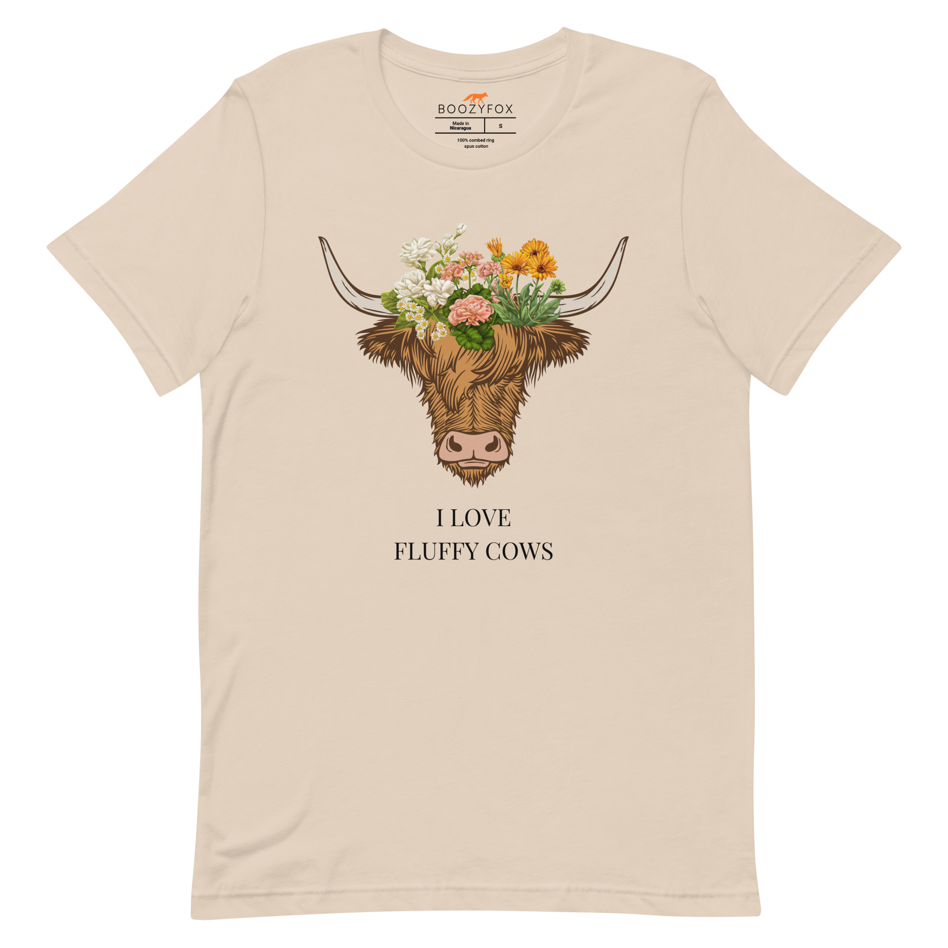 Soft Cream Premium Highland Cow Tee featuring an adorable I Love Fluffy Cows graphic on the chest - Cute Graphic Highland Cow Tees - Boozy Fox