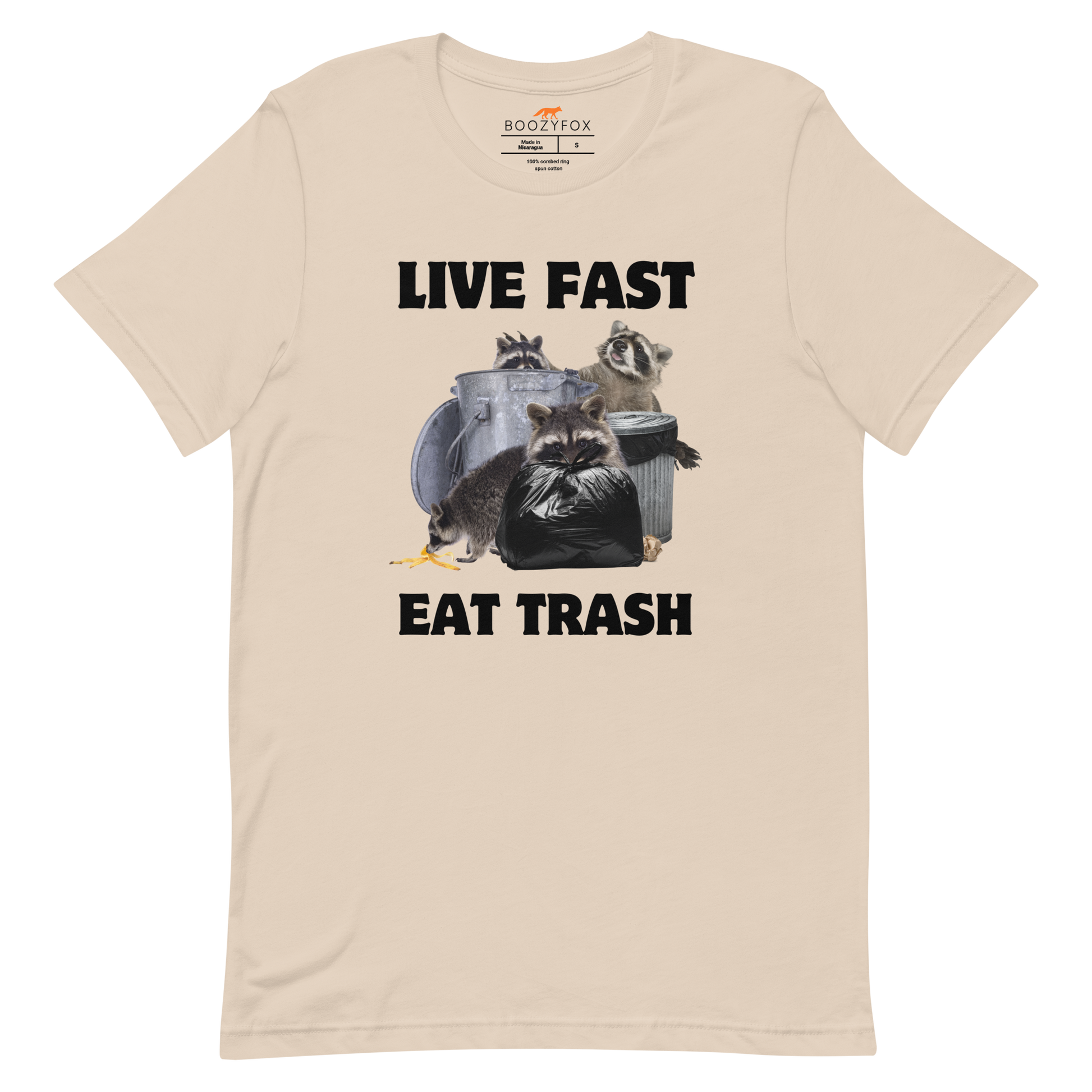 Soft Cream Premium Raccoon Tee featuring a funny 'Live Fast Eat Trash' graphic on the chest - Funny Graphic Raccoon Tees - Boozy Fox