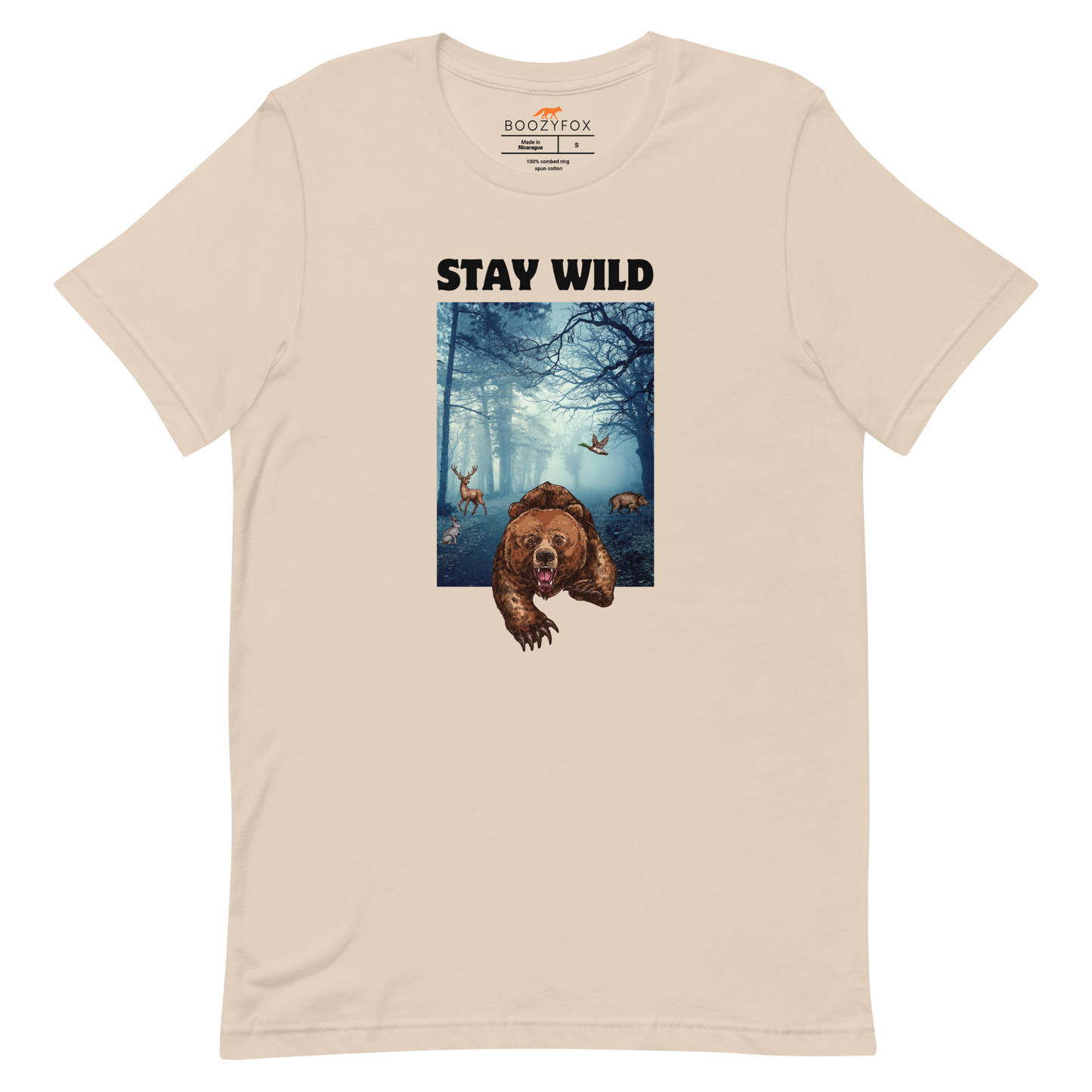 Soft Cream Premium Bear Tee featuring a Stay Wild graphic on the chest - Cool Graphic Bear Tees - Boozy Fox