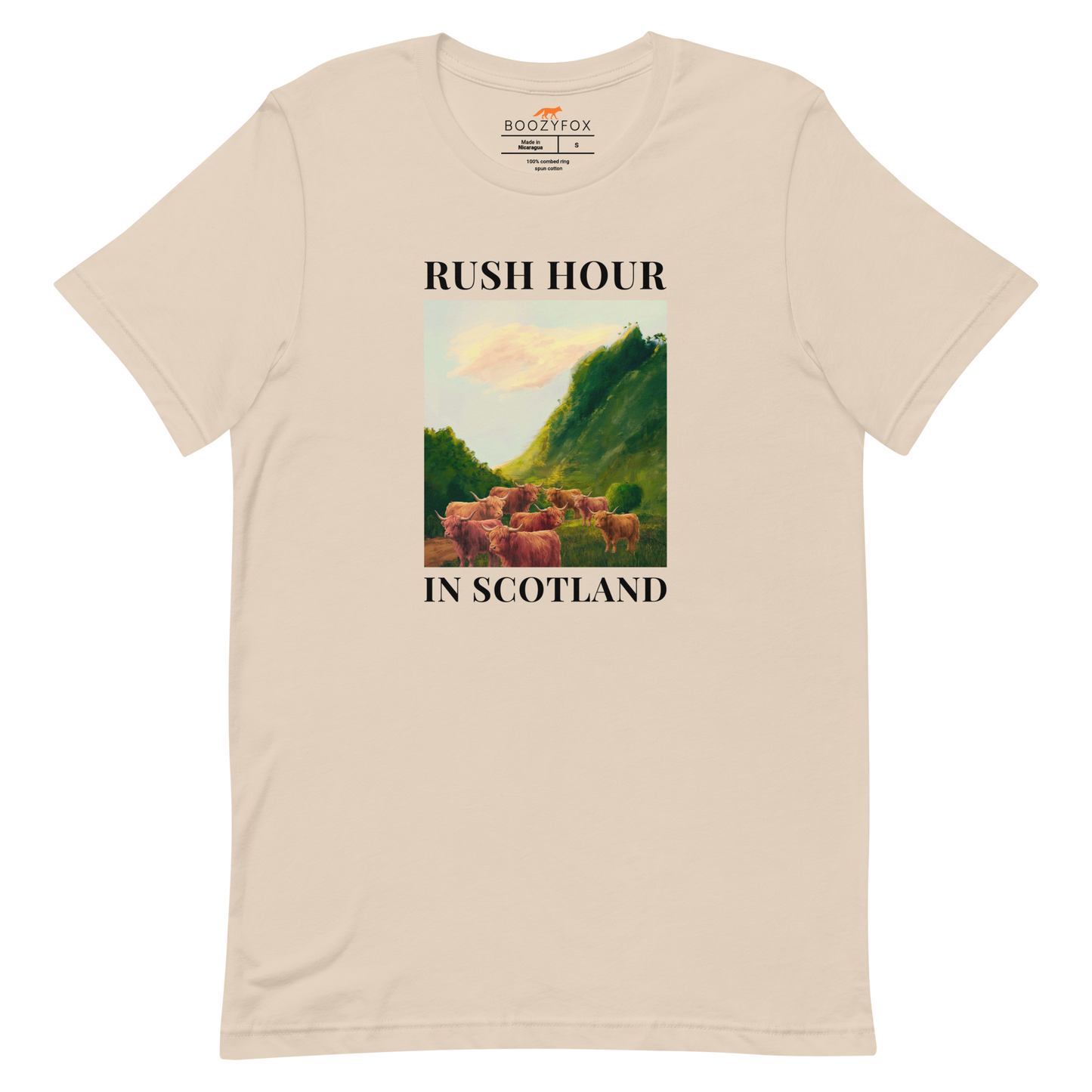 Funny Highland Cow Rush Hour in Scotland lightweight graphic tee in soft cream by Boozy Fox