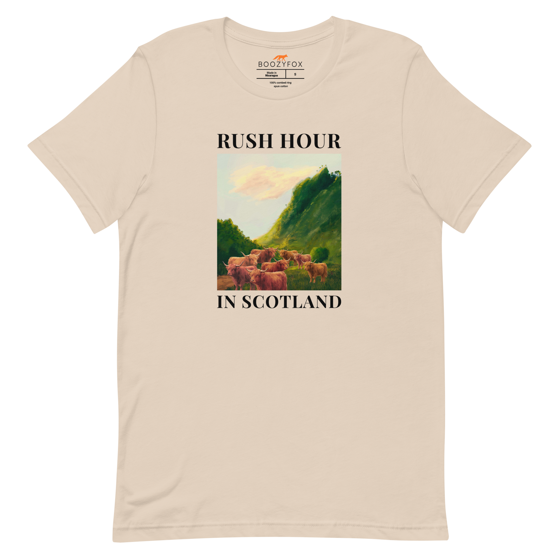 Funny Highland Cow Rush Hour in Scotland lightweight graphic tee in soft cream by Boozy Fox
