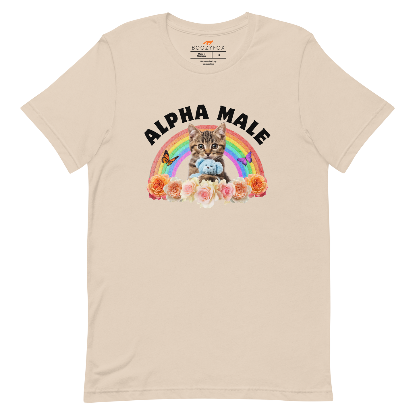 Funny Alpha Male Cat rainbow roses lightweight graphic t-shirt in soft cream by Boozy Fox