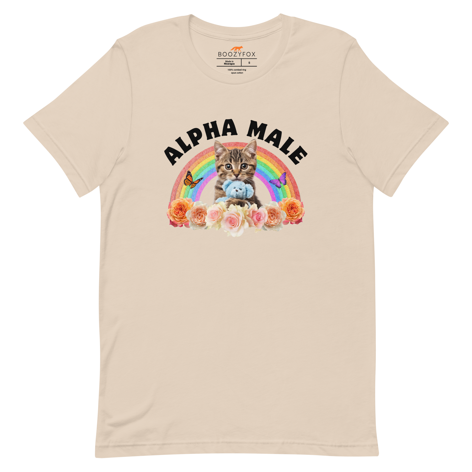 Funny Alpha Male Cat rainbow roses lightweight graphic t-shirt in soft cream by Boozy Fox