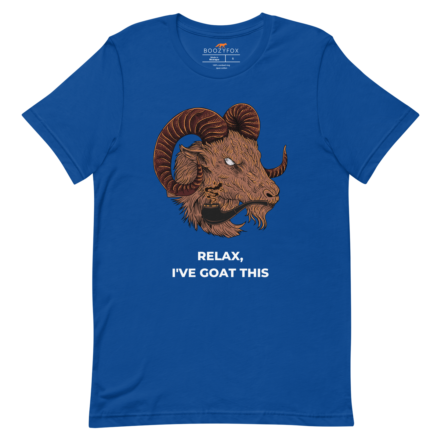 True Royal Blue Premium Goat T-Shirt featuring an amusing Relax I've Goat This graphic on the chest - Funny Graphic Goat Tees - Boozy Fox