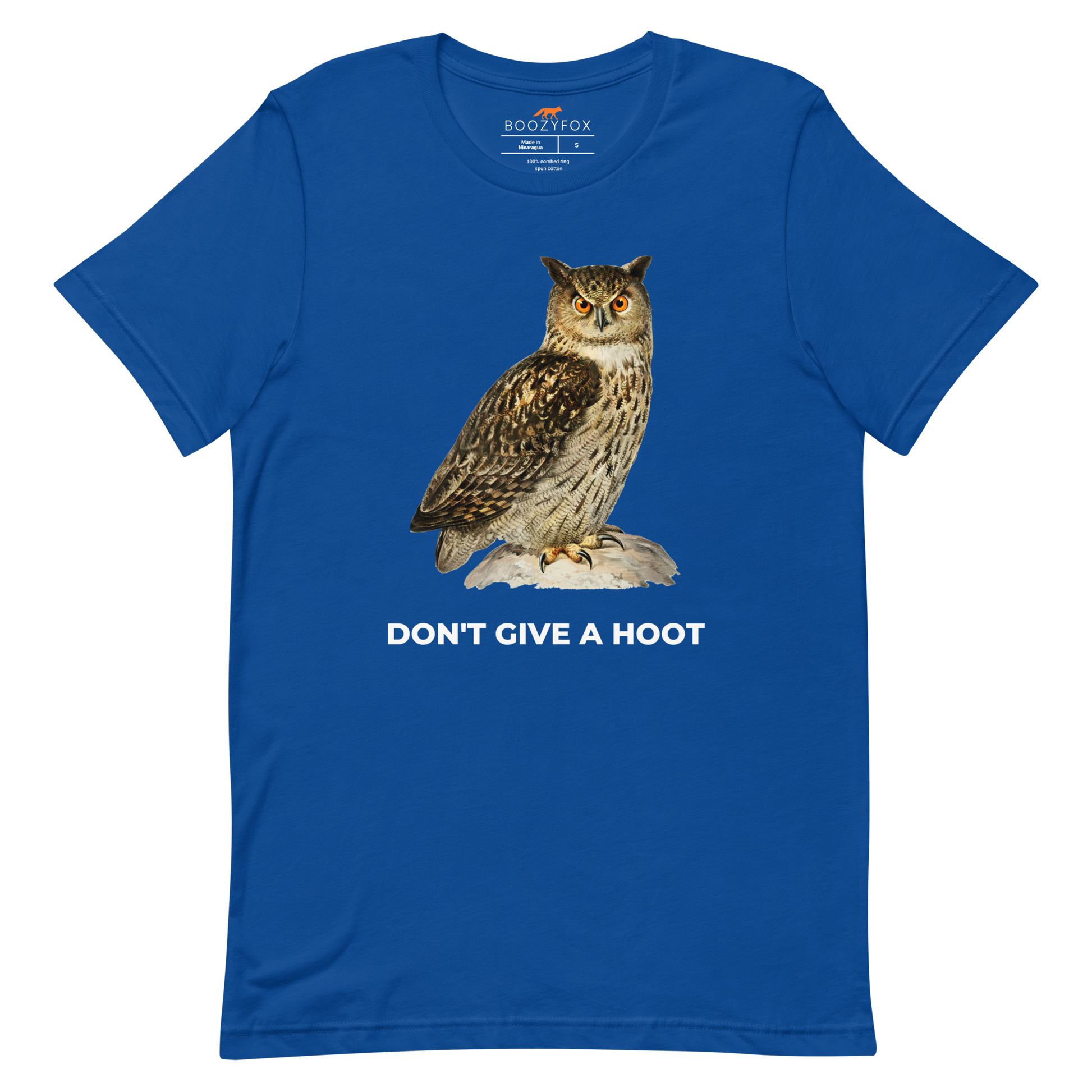 True Royal Blue Premium Owl T-Shirt featuring a captivating Don't Give A Hoot graphic on the chest - Funny Graphic Owl Tees - Boozy Fox