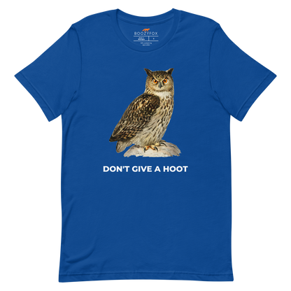 True Royal Blue Premium Owl T-Shirt featuring a captivating Don't Give A Hoot graphic on the chest - Funny Graphic Owl Tees - Boozy Fox