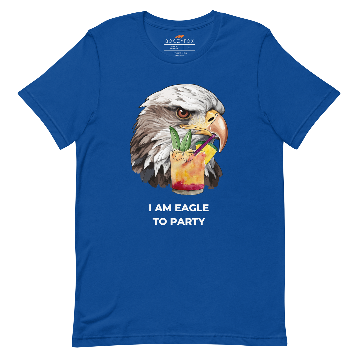 True Royal Blue Premium Eagle T-Shirt featuring an eye-catching I Am Eagle to Party graphic on the chest - Funny Graphic Eagle Tees - Boozy Fox