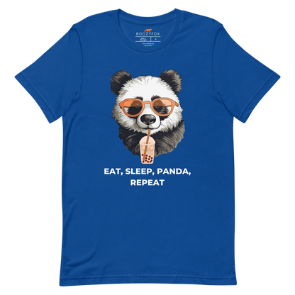 True Royal Blue Premium Panda Tee featuring an adorable Eat, Sleep, Panda, Repeat graphic on the chest - Funny Graphic Panda Tees - Boozy Fox