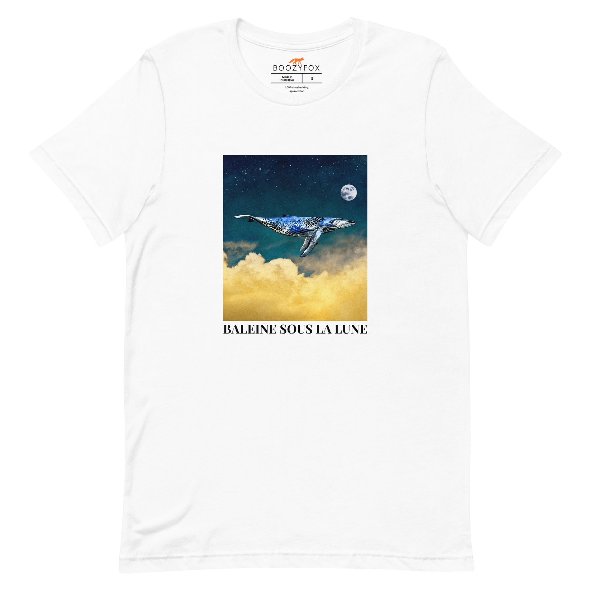 White Premium Whale T-Shirt featuring a majestic Whale Under The Moon graphic on the chest - Cool Graphic Whale Tees - Boozy Fox