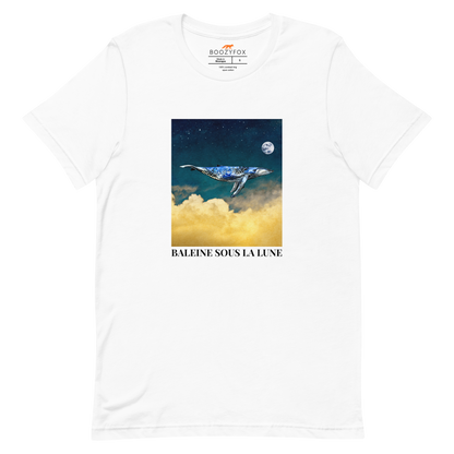 White Premium Whale T-Shirt featuring a majestic Whale Under The Moon graphic on the chest - Cool Graphic Whale Tees - Boozy Fox