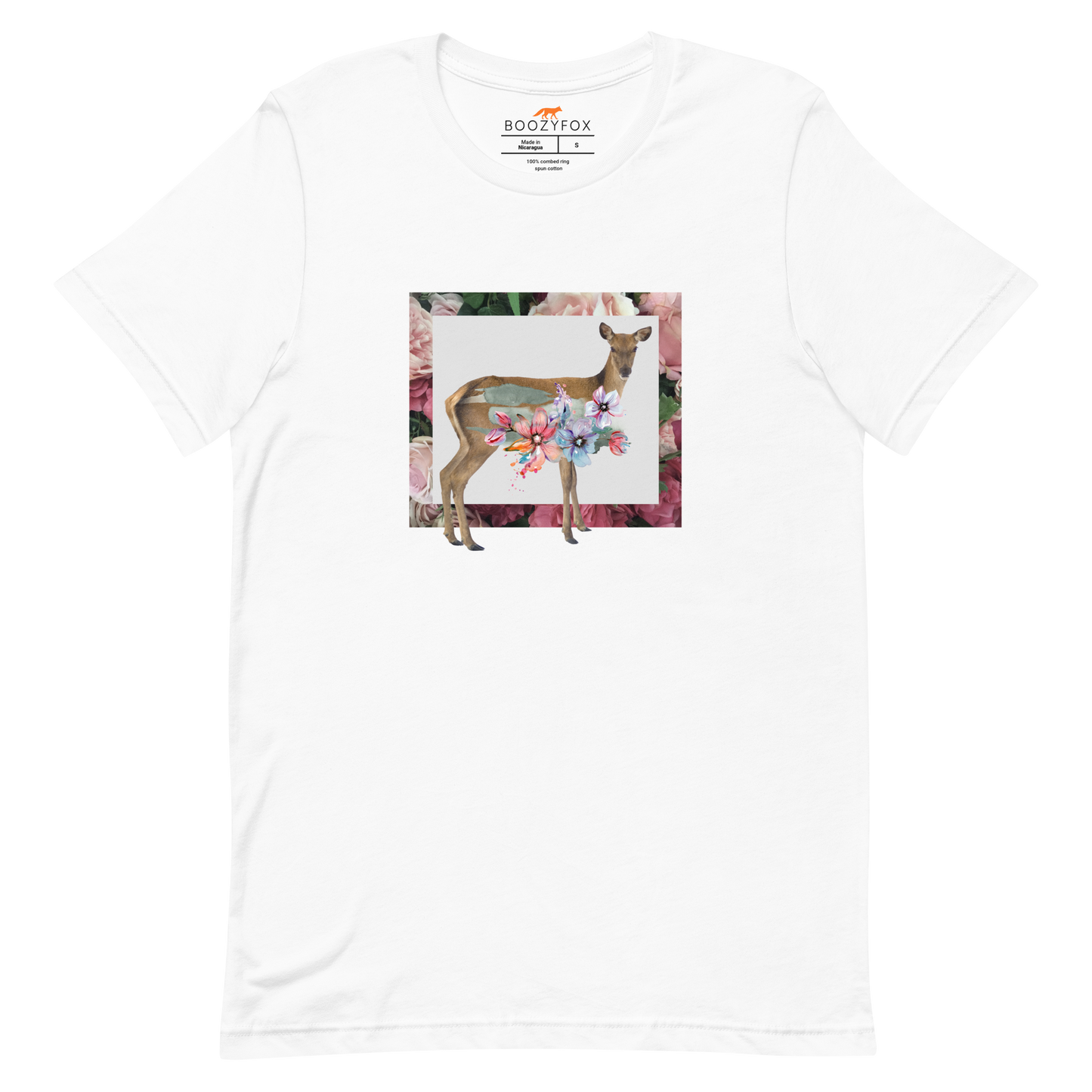 White Premium Deer T-Shirt featuring a stunning Floral Deer graphic on the chest - Cute Graphic Deer Tees - Boozy Fox