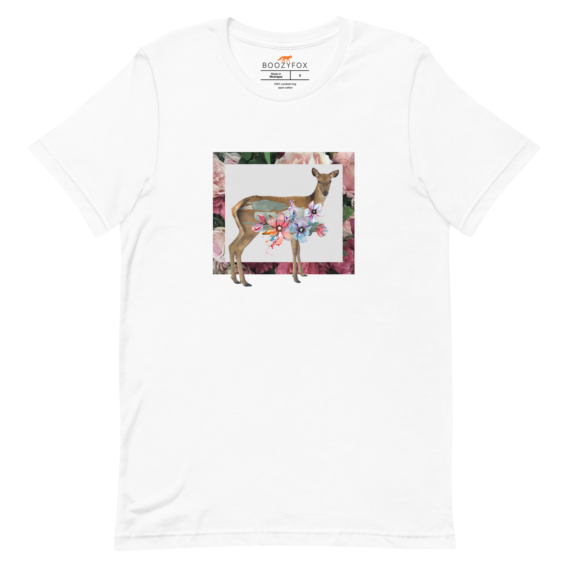 White Premium Deer T-Shirt featuring a stunning Floral Deer graphic on the chest - Cute Graphic Deer Tees - Boozy Fox