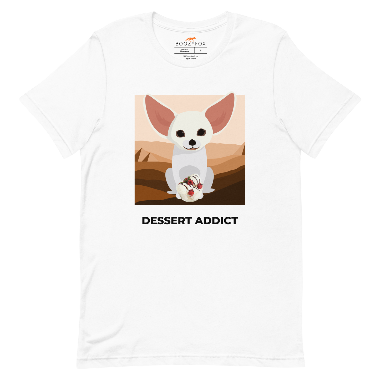 White Premium Fennec Fox T-Shirt featuring an adorable Dessert Addict graphic on the chest - Cute Graphic Fennec Fox Tees - Boozy Fox