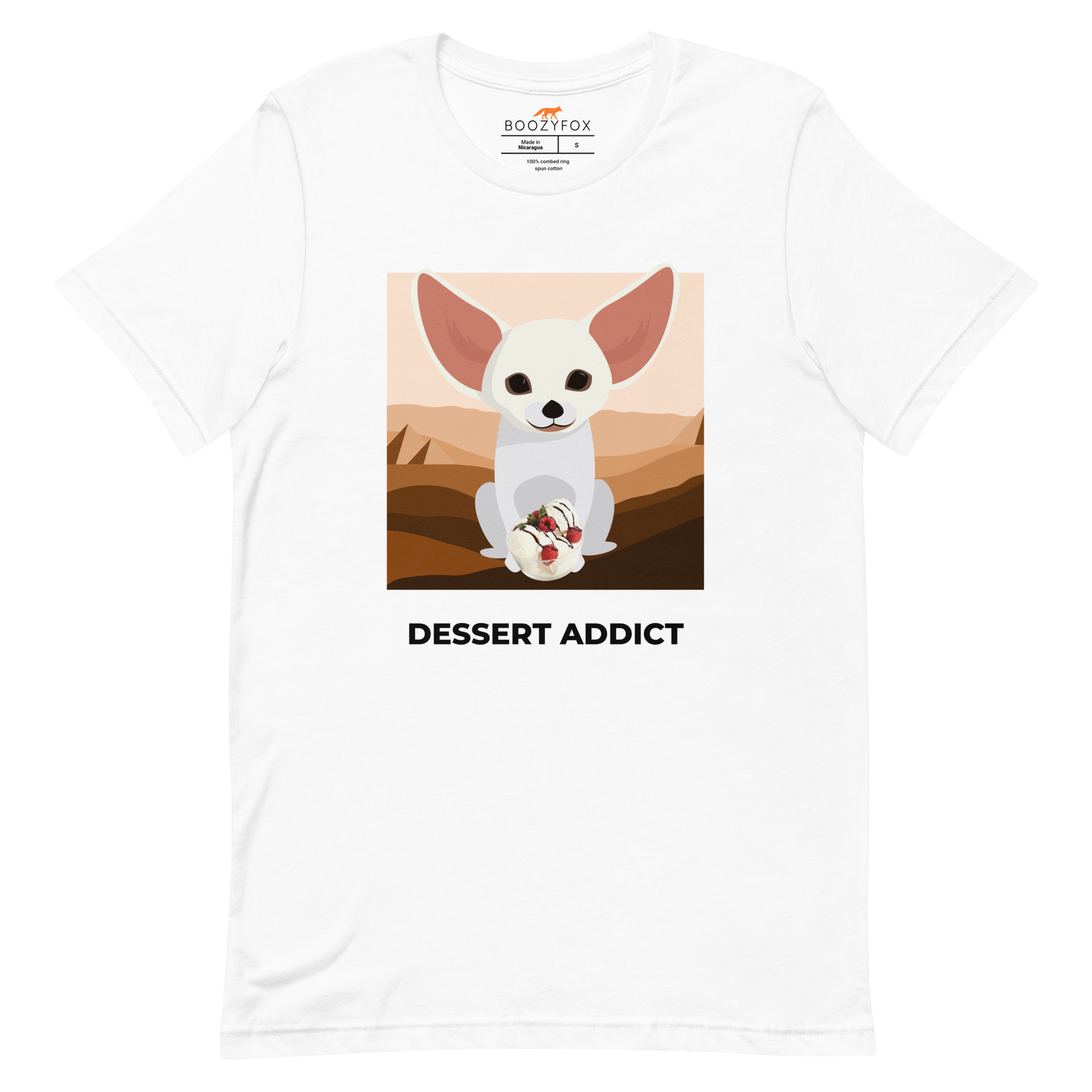 White Premium Fennec Fox T-Shirt featuring an adorable Dessert Addict graphic on the chest - Cute Graphic Fennec Fox Tees - Boozy Fox